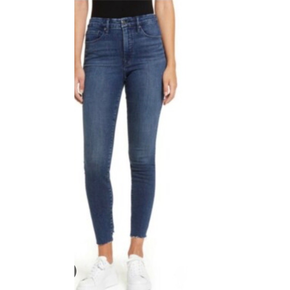 Good American Good Legs High Rise Skinny Jeans Dark Wash Raw Hem Blue Size 8
